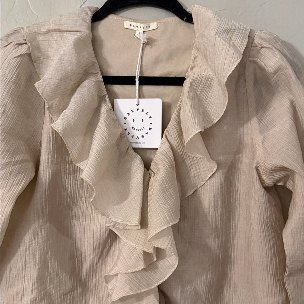BaeVely Ruffled Beige Blouse- Size Small - Picture 2 of 3